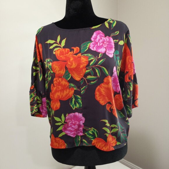 EXPRESS MULTI-COLOURED FLORAL BLOUSE SHORT SLEEVE WOMEN S - Picture 1 of 9